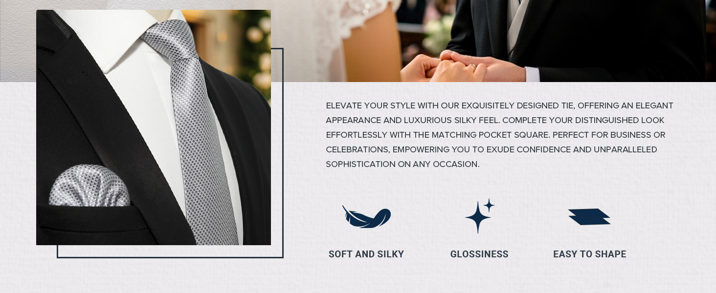 Краватка та нагрудний хустинка HISDERN: комплект для весілля, ділових зустрічей та свят (срібно-сірий)