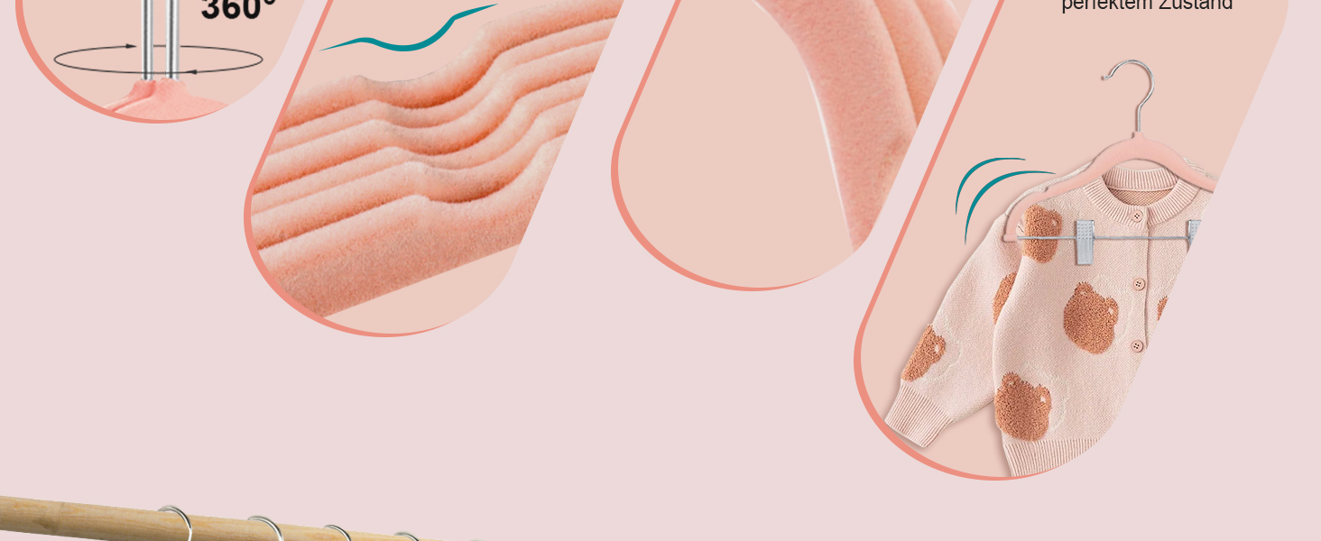 24 шт. велюрові дитячі вішалки для одягу з кліпсами, рожеві - стандартний гачок