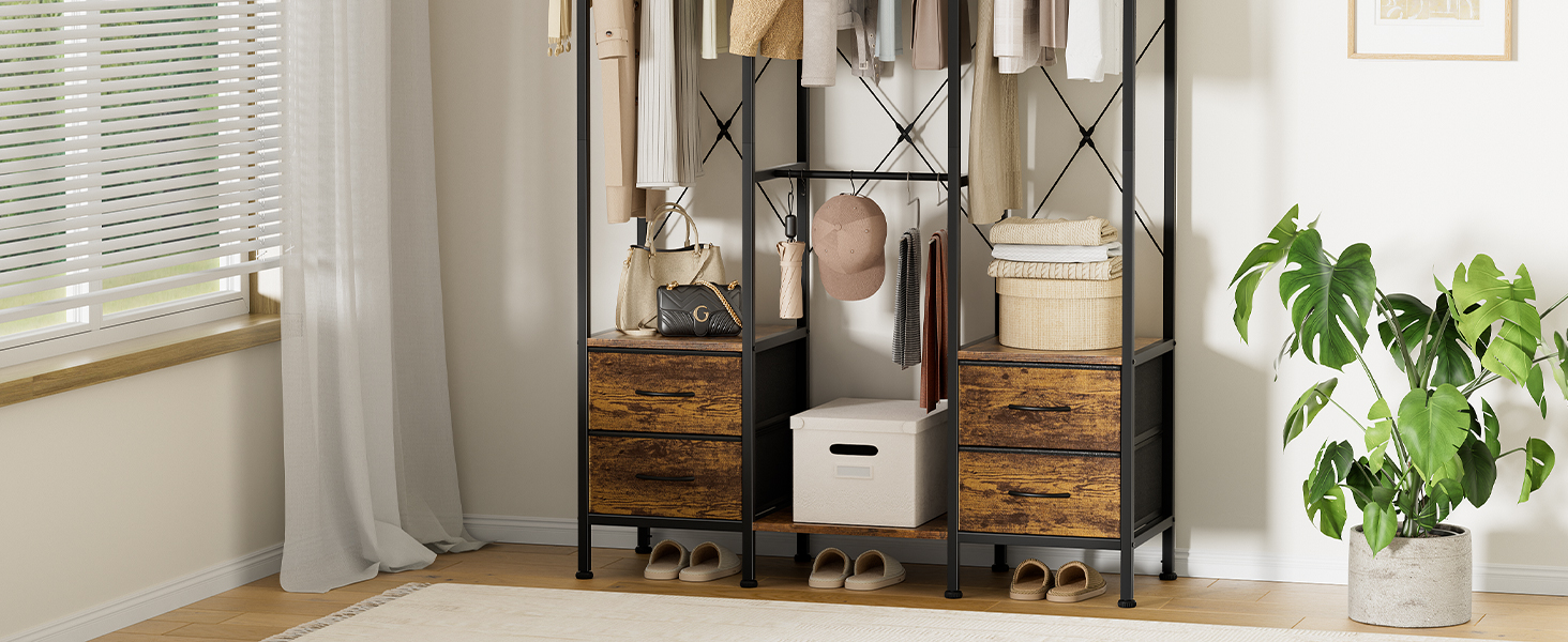 Шафа відкрита, вішалка для одягу, гардеробна стійка з 4 шухлядами, стійка для одягу, для спальні, вітальні, передпокою (rustic brown)