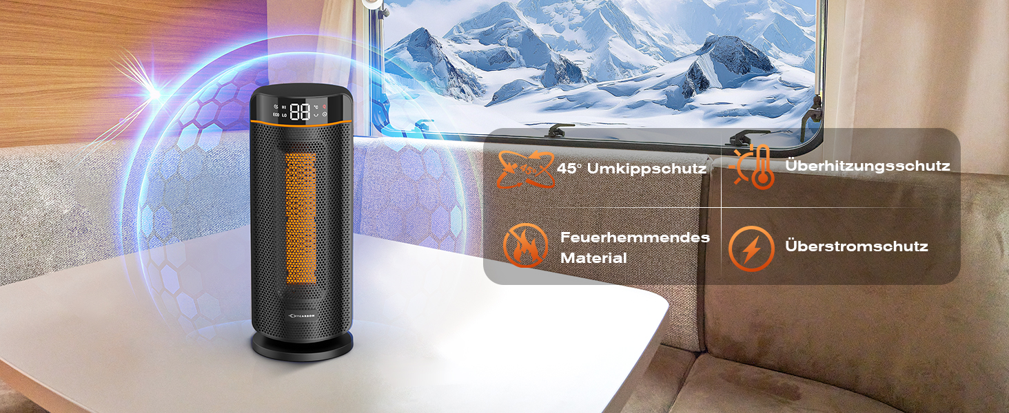 Обігрівач MYCARBON 43 см для ванної кімнати: тихий 32 дБ, 1900 Вт, ECO режим, таймер 12 год, осциляція, енергозберігаючий, PTC кераміка, пульт дистанційного керування, термостат, чорний
