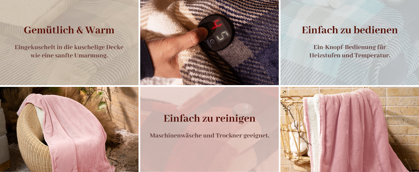 Електрична ковдра GOTCOZY 130x180 см з 10 рівнями нагріву та таймером, рожева