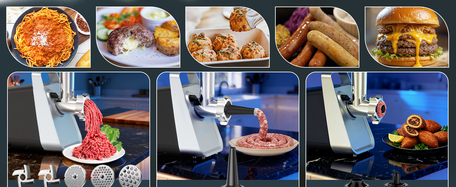 М'ясорубка електрична CHEFFANO 2000W з насадками для ковбас та кубебе, нержавіюча сталь, чорна