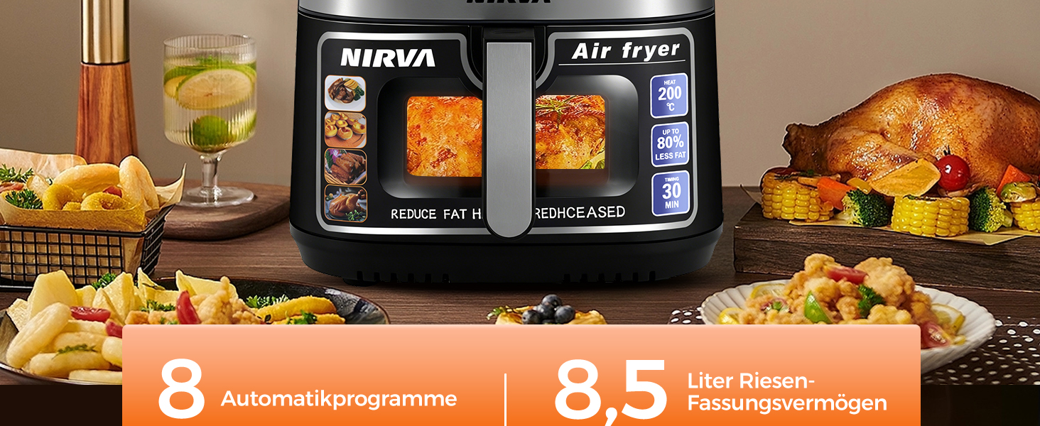 Аерофритюрниця Nirva 8.5л без олії, 1700W: смаження, запікання, антипригарне покриття, чорний/нержавіюча сталь