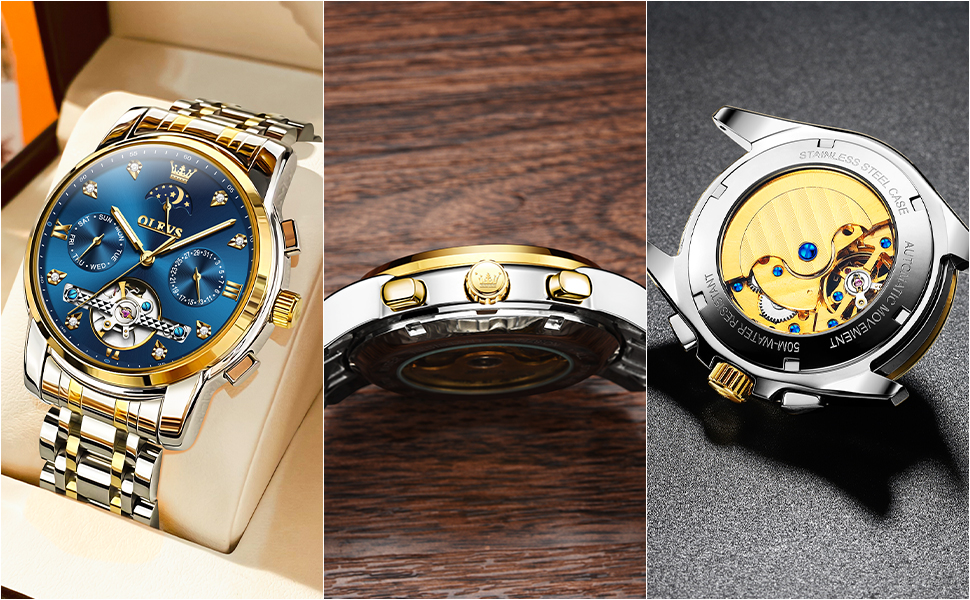 Чоловічий наручний годинник OLEVS 6678: водонепроникний хронограф із кварцовим механізмом, сталевий корпус, підсвічування циферблата, синій/золотий/сріблястий