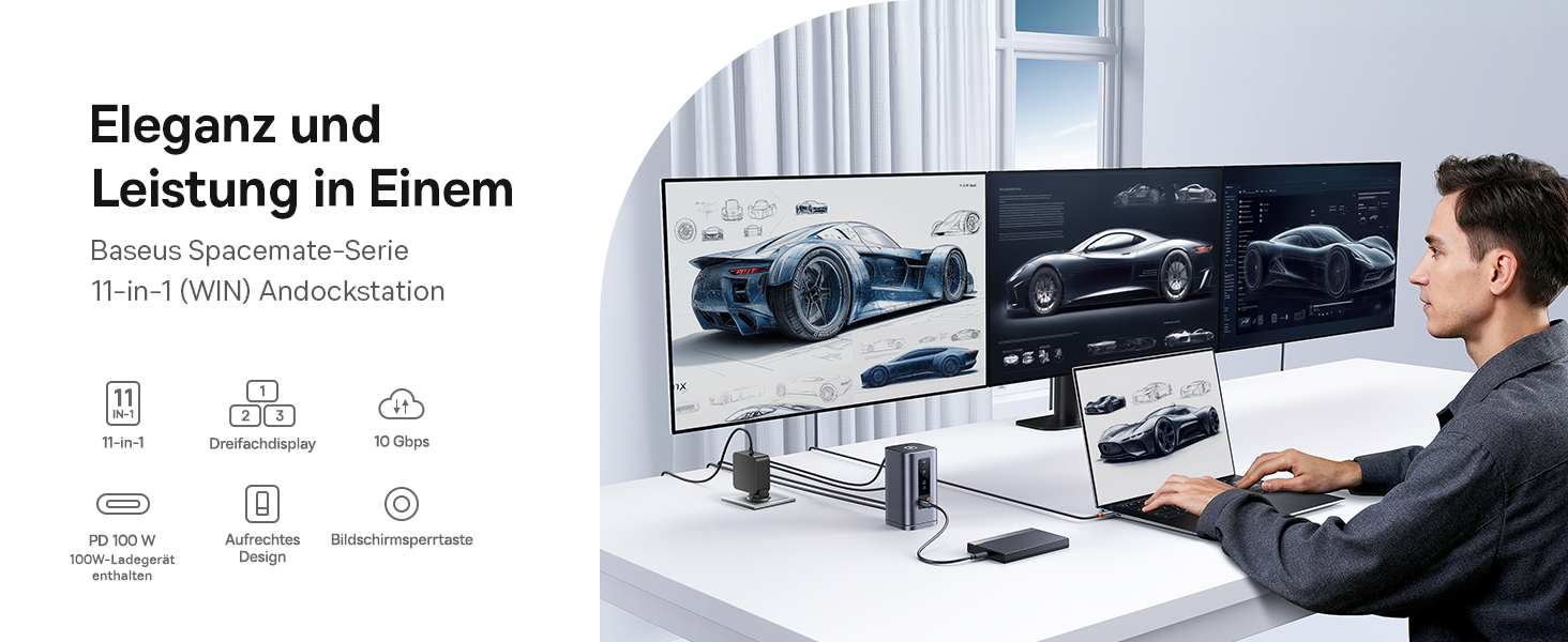 Базаус Док-станція USB-C 12-в-1 для ноутбуків Dell/HP/Lenovo/Asus/Acer/Mac, 2 монітори 4K HDMI, 10Gbps USB-C/A, 100W PD, Gigabit Ethernet