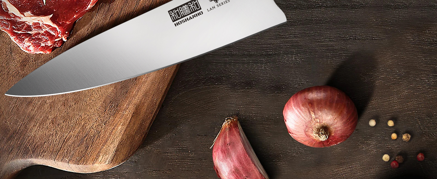HOSHANHO 20 см кухонний ніж для приготування їжі, професійний японський шеф-ніж з нержавіючої сталі з вуглецевим покриттям та ергономічною дерев'яною ручкою