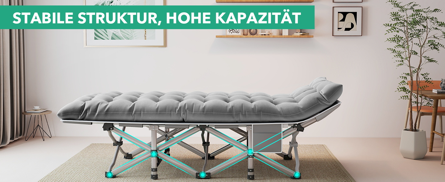 Розкладне ліжко Feldbett з матрацом, до 208 кг, сіре, XL 190x71x35 см - для кемпінгу, саду, пляжу, гостей