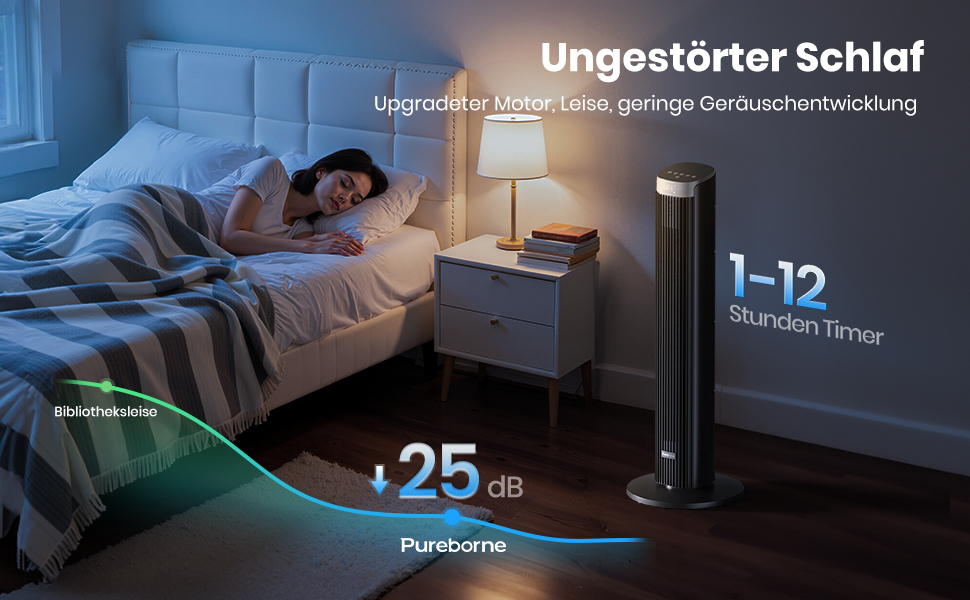 Вентилятор Pureborne 91 см з осциляцією, керуванням Wi-Fi та пультом, 4 швидкості та 4 режими, таймер 12 годин, чорний