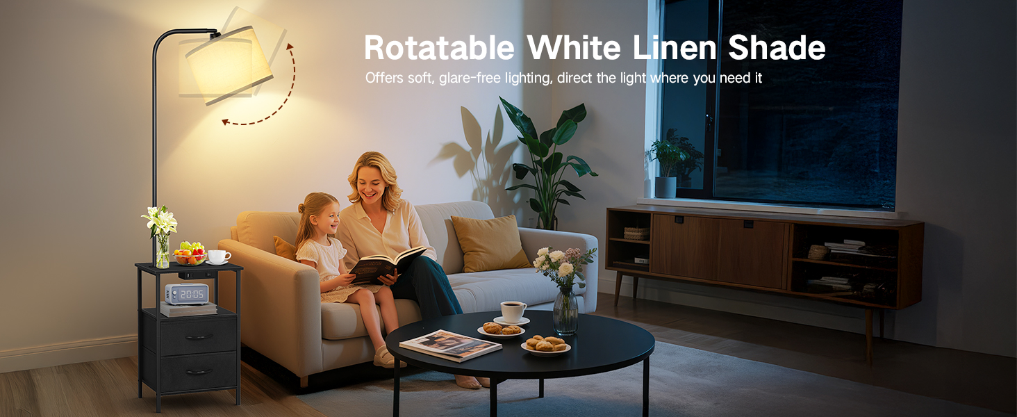 Стельова лампа для вітальні з тумбою та полицею, регульована LED, з пультом, 3 колірні температури, приліжкова тумба з зарядкою та полицею, дерев'яний столик для спальні/офісу (чорний з шухлядами)