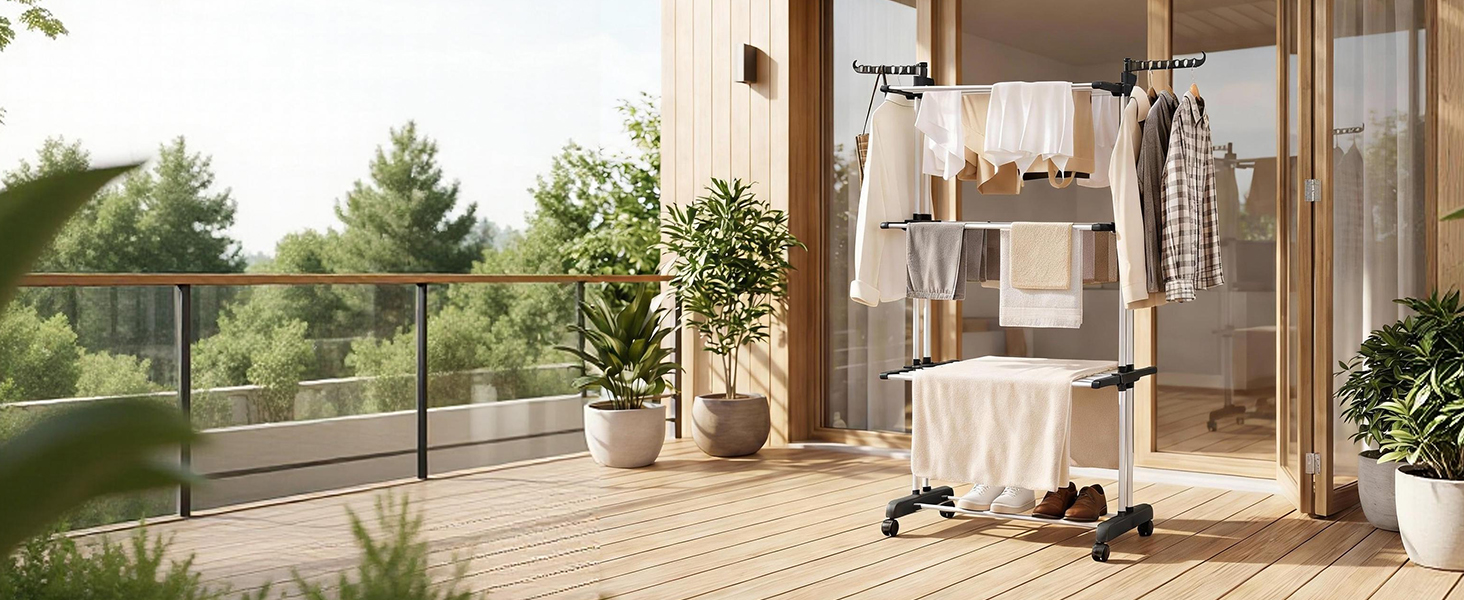 Сушарка для білизни Tower з колесами | 4-ярусна сушарка з нержавіючої сталі з 6 відкидними крилами та 2 боковими сторонами | 76x50x172 см | Компактна, складна для балкона, ванної кімнати та саду | Чорний