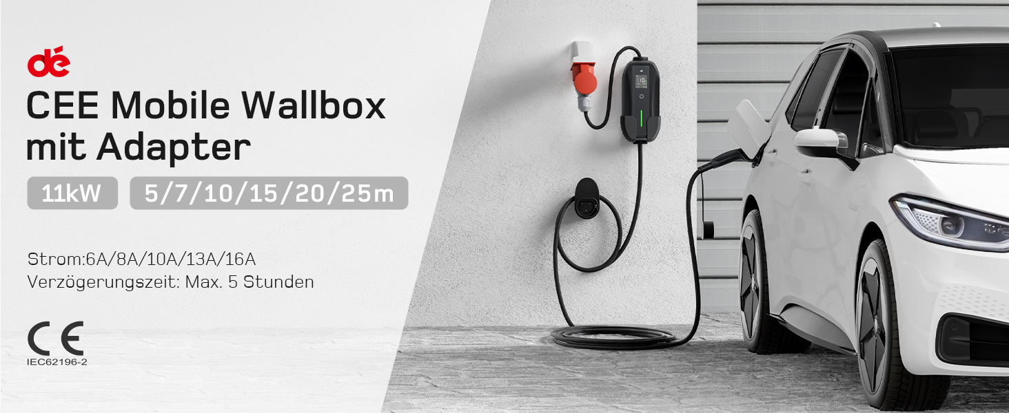 Мобільна зарядна станція (Wallbox) 11 кВт [3-фазна|7м|6-16А] з регульованою потужністю, кабель CEE 16A на Typ 2 та зарядний пристрій для електромобілів Model Y/3, ID.3/4/5, MG4, EX30, e-up, e-tron, Zoe та інших EV (CEE 11 кВт, 5.5м)