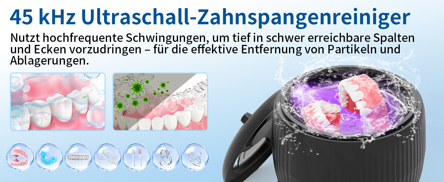 Ультразвуковий очищувач для зубних протезів, брекетів та ювелірних виробів 200 мл, 45000 Гц, з УФ-лампою