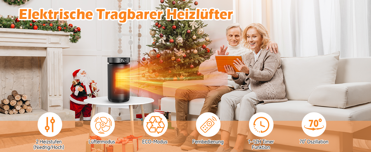 Електричний обігрівач 1500W PTC кераміка, тихий 34 dB, з термостатом, таймером 12 год та захистом від перегріву та перекидання. З пультом керування, чорний.