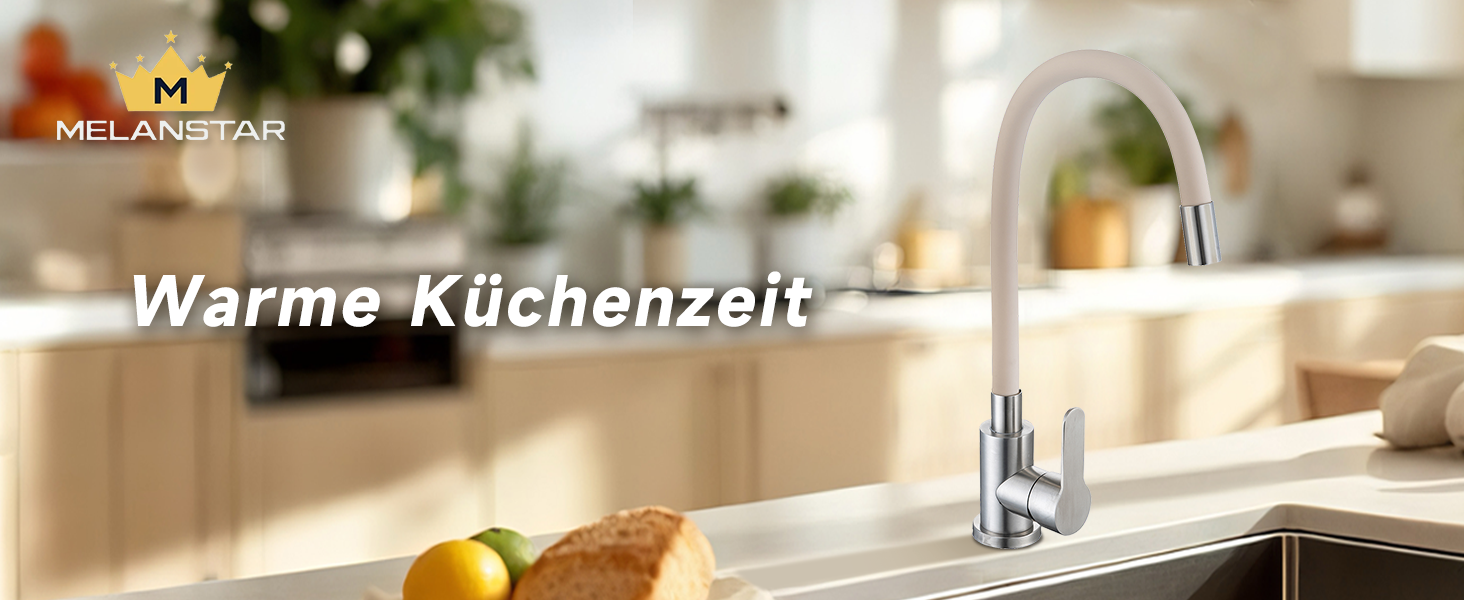 Кран кухонний з гнучким шлангом 360°, високий тиск, поворотний, нержавіюча сталь, бежевий