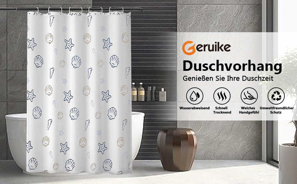 Шторка для душу Geruike 180x200 см, водонепроникна, текстильна, з кільцями, поліестер, з обтяжувачем, багатокольорова, для ванни (білий морський малюнок, H200 x B240 см)