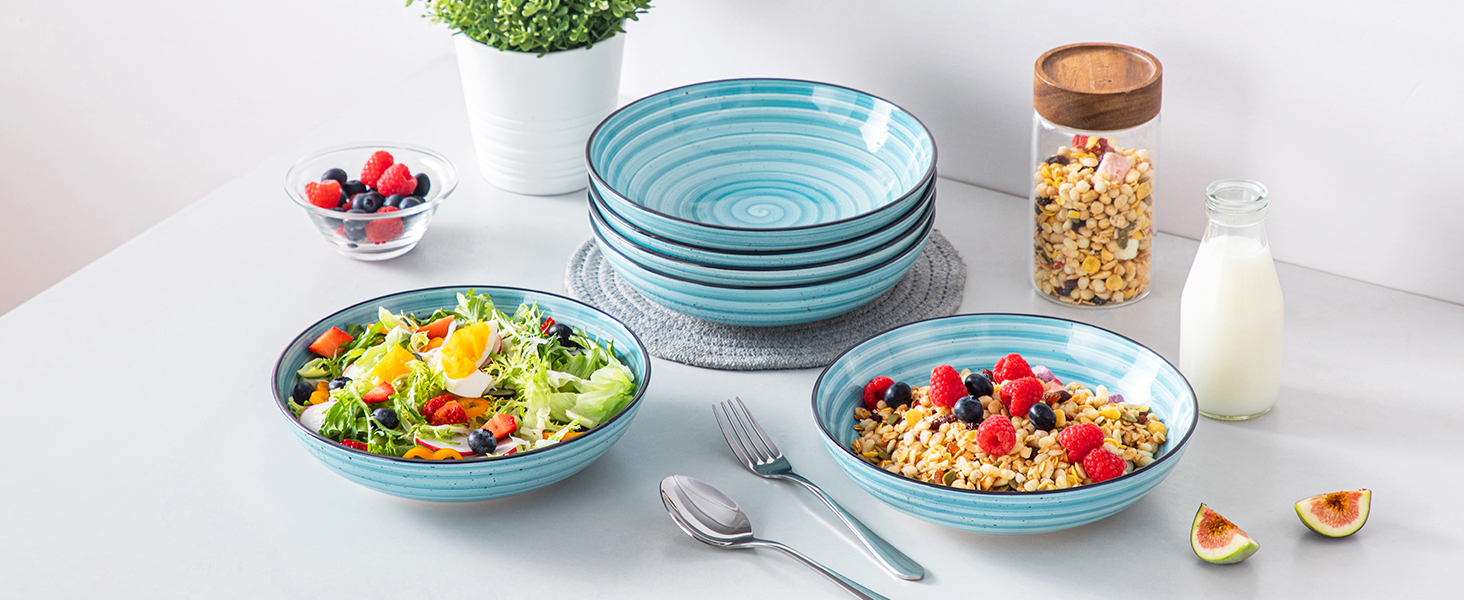 Набір супових тарілок Vancasso Bonbon (6 шт.), супові миски з кераміки, об'єм 1500 мл, глибокі тарілки для пасти, салатники, придатні для миття в посудомийній машині та використання в мікрохвильовій печі, блакитні