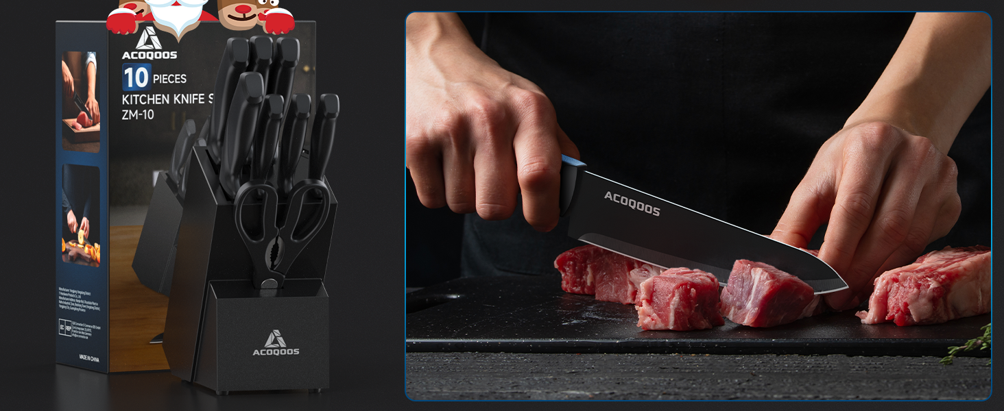 ACOQOOS 14-Piece Knife Block Set with Sharpener - Professional Kitchen Knife Set, Black