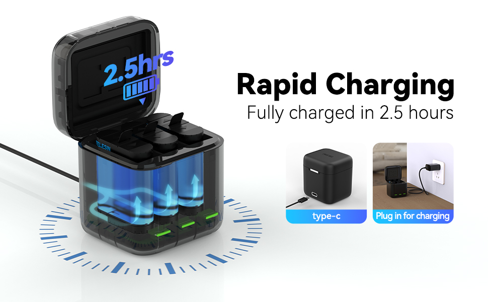 Акумулятори TELESIN Enduro 2 шт. з зарядним пристроєм для GoPro Hero 13 Black. Запасні акумулятори, сумісні з оригінальними, з швидкою зарядкою. Комплект: 2 акумулятори + 1 зарядний пристрій