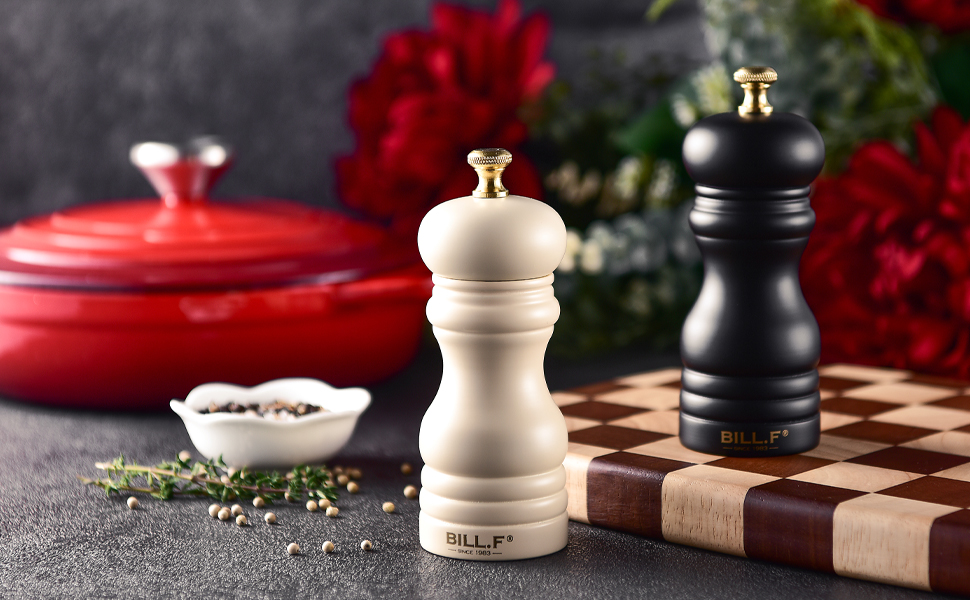 Набір для солі та перцю Bill.F, 2 шт., дерев'яні, ручні, з регульованим керамічним млином, 13,5 см (чорний та кремовий)