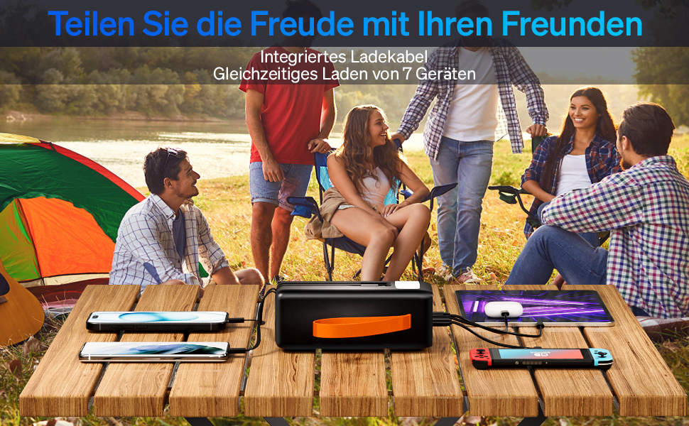 Портативний зарядний пристрій Power Bank 50000 mAh з вбудованим кабелем: швидка зарядка 22,5W, велика ємність, LED-ліхтарик, 7 виходів & 3 входи, чорний