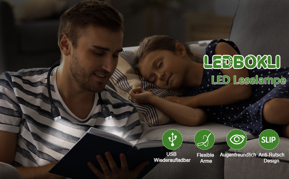 LED-лампа для читання LEDBOKLI з кріпленням на книгу, акумуляторна, 800mAh, 3 режими яскравості, гнучка шийка, 28 см, чорна