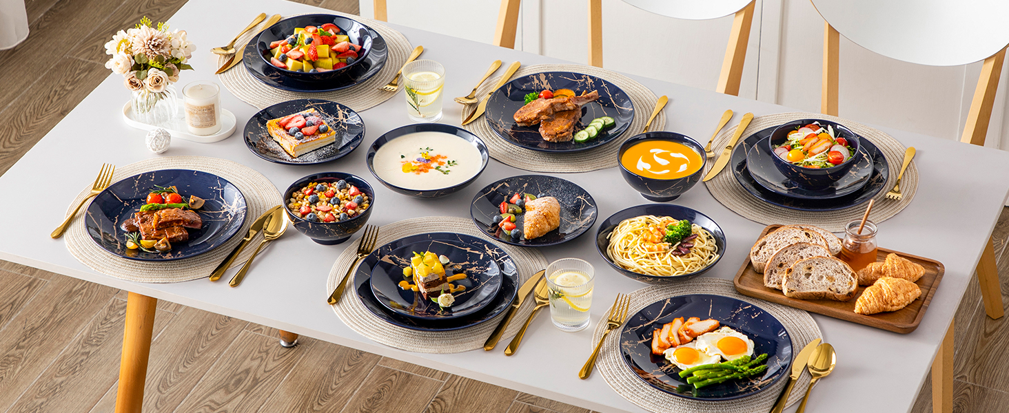 Набір посуду Lovelcasa Sweet Daphne, 32 елементи, порцеляновий сервіз з золотим декором для 8 осіб (темно-синій)