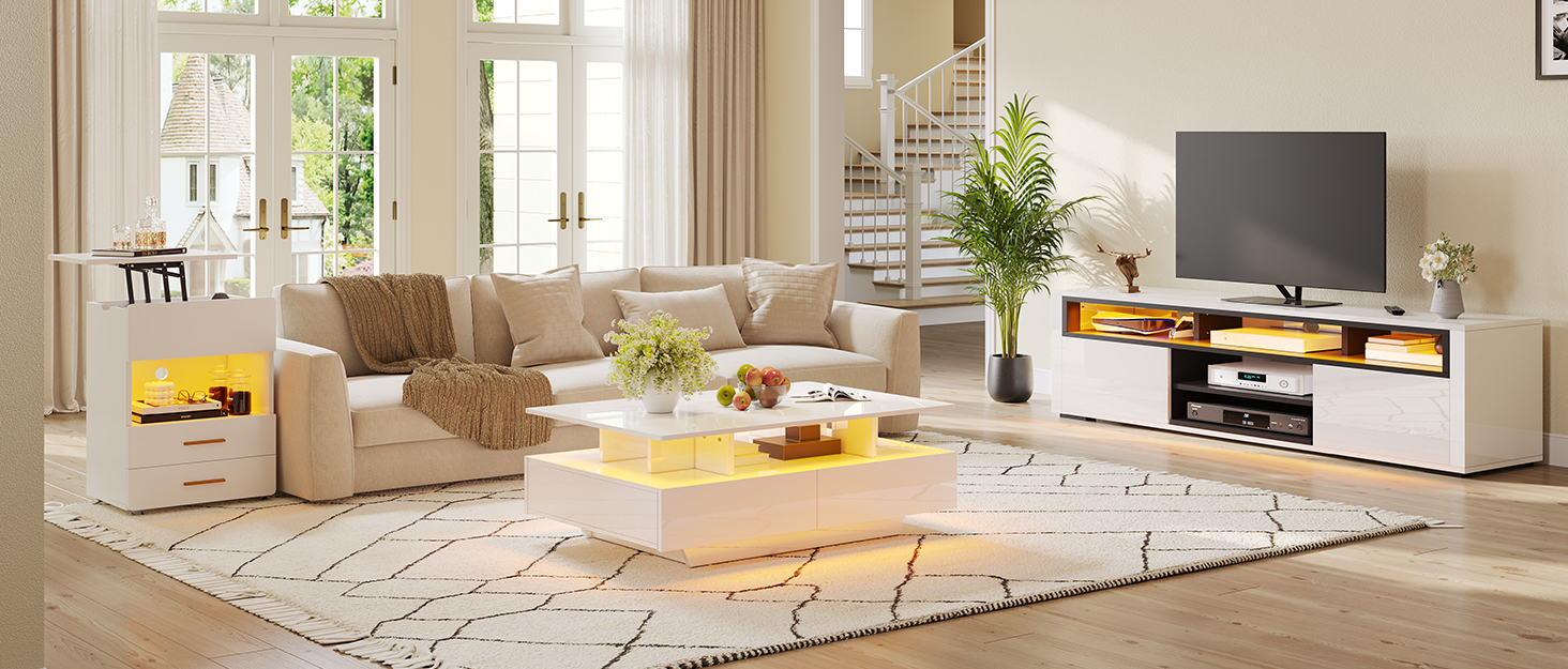 Журнальний стіл YITAHOME білий, глянець, з LED-підсвіткою 16 кольорів, сучасний стіл для вітальні з відкритою полицею і 4 висувними шухлядами, 90x55x41,1 см