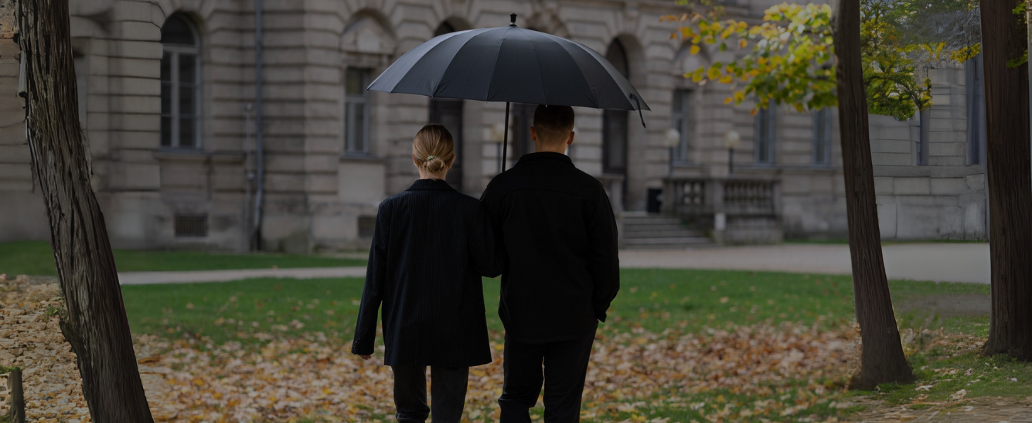 Edinburgh Windproof Umbrella - Large 16-Rib Black Umbrella with Wooden Handle & Silent Tip - LOGAN & BARNES