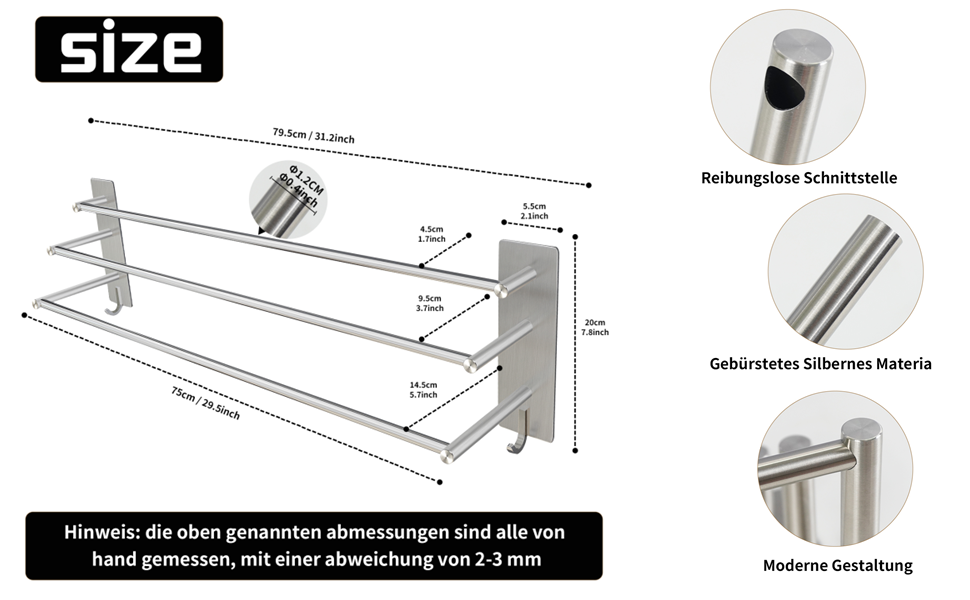 Тримач для рушників Vista з 3-ма перекладинами, 75 см, SUS304 нержавіюча сталь, без свердління, з двома гачками, сріблястий, для ванної, кухні, спальні