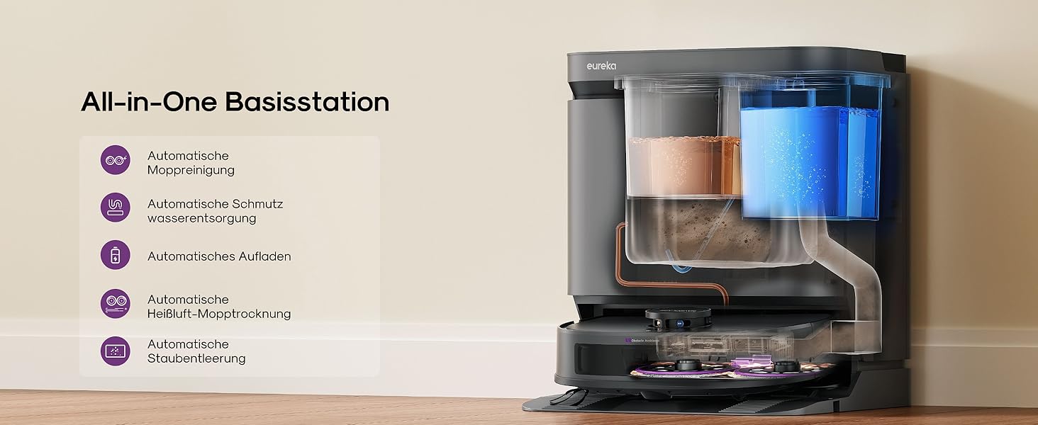 Робот-пилосос Eureka J15 Evo Ultra з функцією миття підлоги, самостійне очищення, прання та сушка, потужність 5000Pa, обертова функція миття, Dual-LiDAR навігація, 3D уникнення перешкод (чорний)