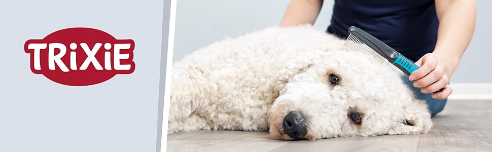 Тріксі Щітка-гребінець для вичісування та розрідження шерсті коротко- та жорсткошерстих порід - змінна головка, лезо з нержавіючої сталі, гумовий пластиковий грифель, чорний/синій, 7 x 15 см, для собак та котів