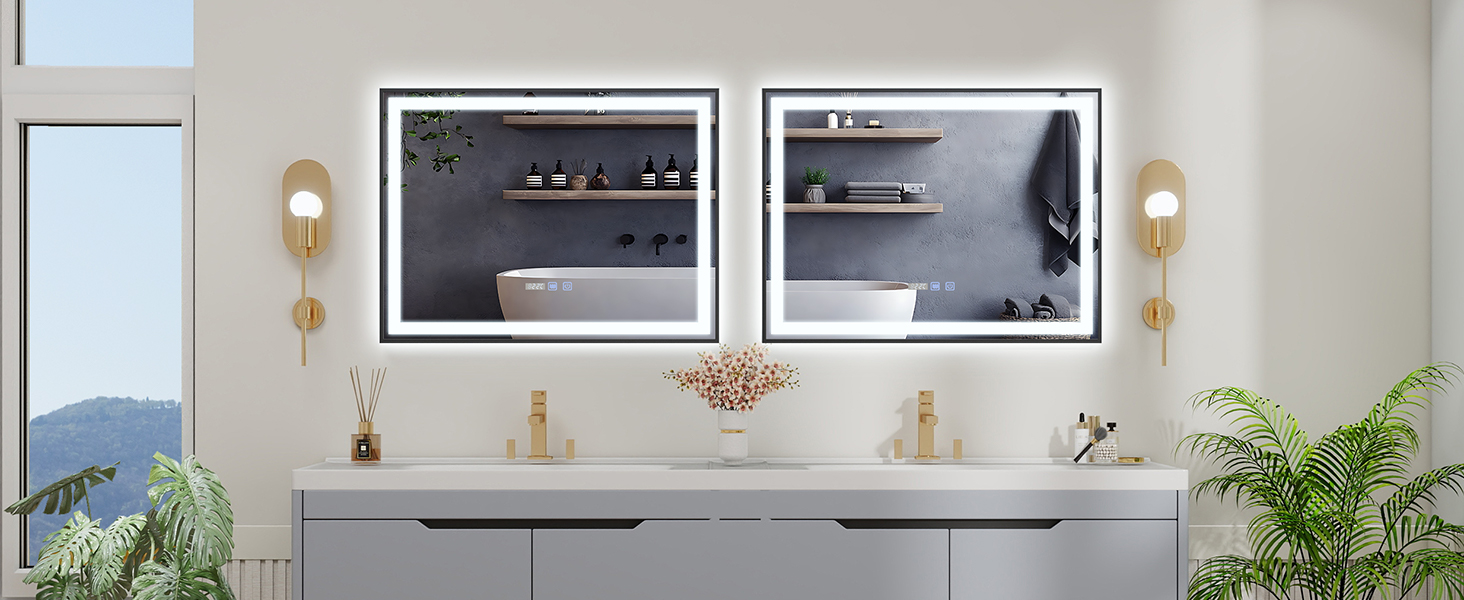 Дзеркало для ванної кімнати YU YUSING з підсвічуванням 60x80 см, антизапар, 3 кольори світла, регулювання яскравості, LED-дзеркало з годинником, IP44, вертикальне, срібло (чорний металевий каркас, 70x50 см)