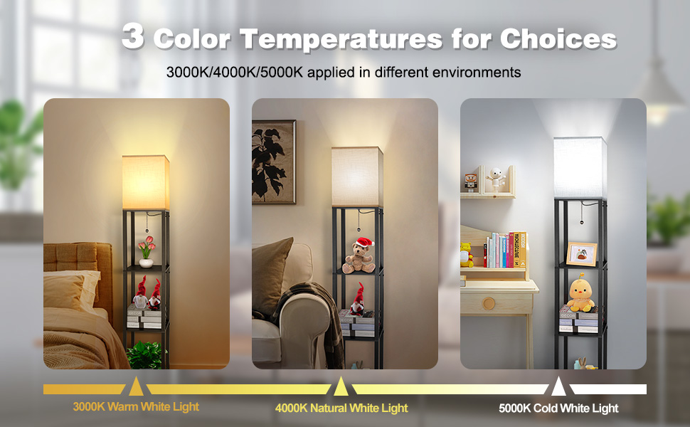 Світлодіодна торшер з дерева, 1.6м, з цоколюванням E27 (3000K-5000K), ретро торшер з 3 полицями, 3 колірні температури, настільна лампа з абажуром для спальні, кута, вітальні, офісу, чорний