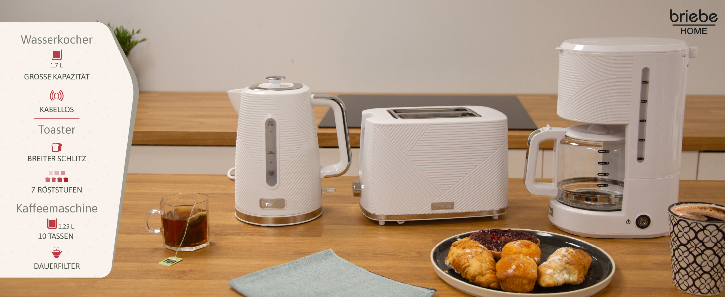 Набір Elegance Set: тостер з широкими слотами (2 шт.), електрочайник 1,7 л (бездротовий, 2200 Вт, BPA-free) + кавомашина з фільтром на 10 чашок (1,25 л), білий