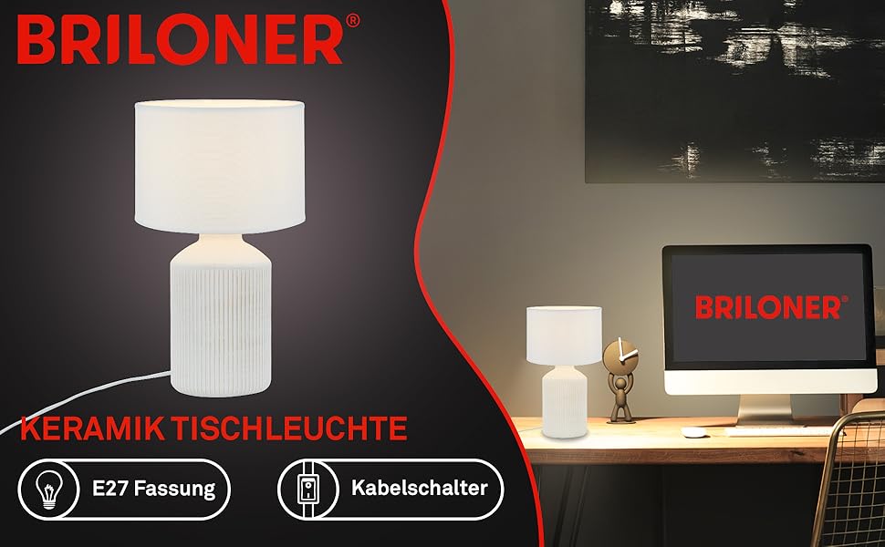 Торшер BRILONER з тканинним абажуром, вимикачем на кабелі, керамічним цоколем, 15x28 см (ДxВ), білий