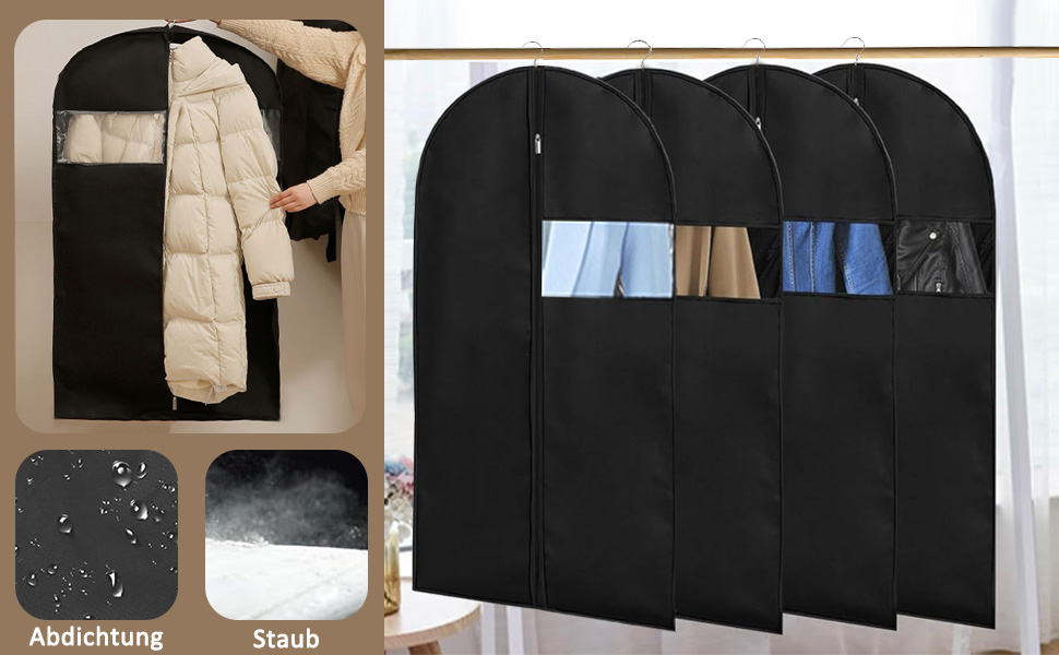 Чохли для одягу 4 шт. Чорні, 60 x 120 см, для зберігання та подорожей, з блискавкою, захист від пилу та молі
