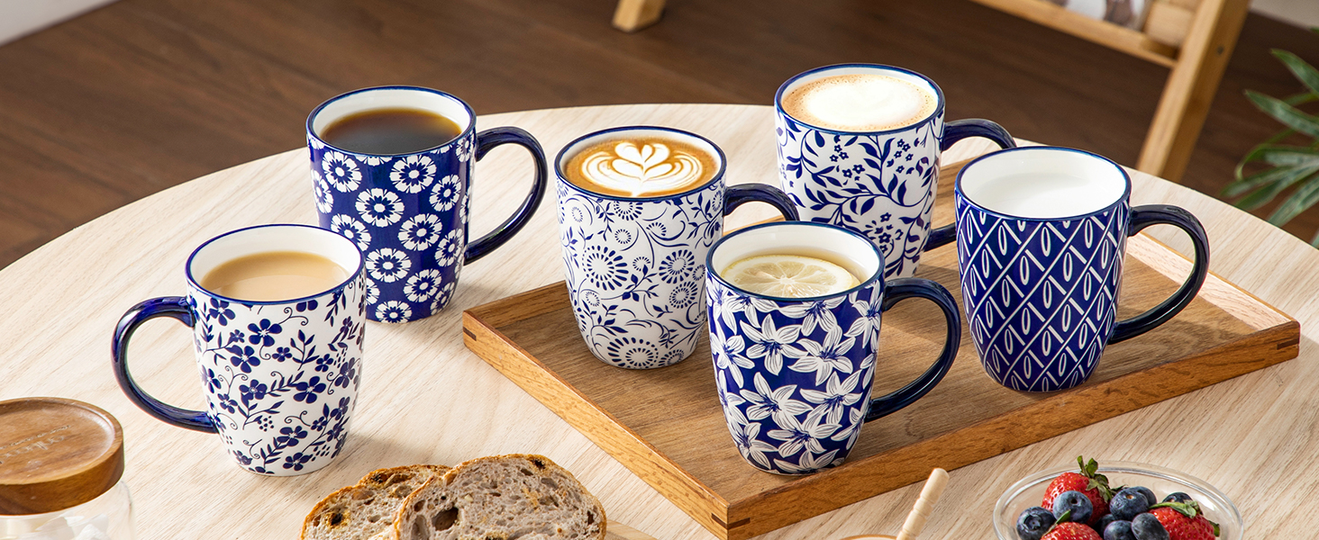 Набір кавових чашок з блюдцями Vancasso Cappuccino SELENE 6шт, 240мл, блакитно-білий вінтаж, порцеляна, для мікрохвильовки та посудомийної машини