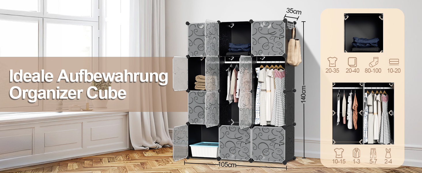 DIY Closet Shelf System, 16 Cubes Wardrobe Closet, Open Wardrobe, Plastic Wardrobe with Doors, Wardrobe Cabinet, Black, 180 x 142 x 37CM (Black 12 Cubes with Clothes Hooks)