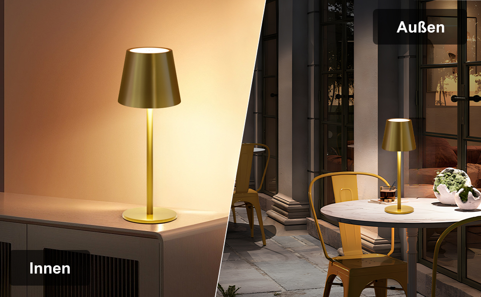 Світлодіодна настільна лампа бездротова з сенсорним керуванням, USB-C, димування, акумуляторна, 3 режими світла, регульована висота, IP54 водонепроникна, золота. Для ресторану, спальні, бару, вулиці