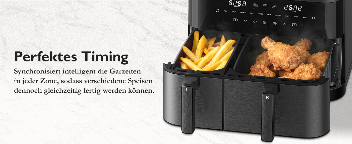 Електрична фритюрниця повітряна 11л, 2 камери з грилем, 10-в-1, без олії, з нагадуванням про струшування <60дБ, з антипригарним покриттям, 78 рецептів