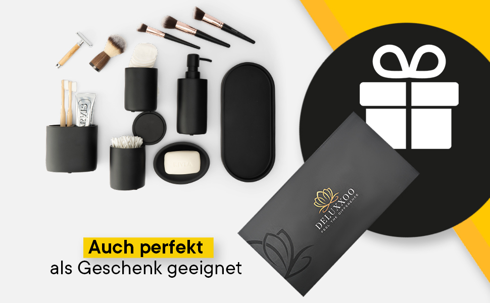 DELUXXOO® Набір аксесуарів для ванної кімнати 6 шт. чорний матовий: органайзер, диспенсер для мила, мильниця, стакан для зубної щітки, піднос, ящик для зберігання