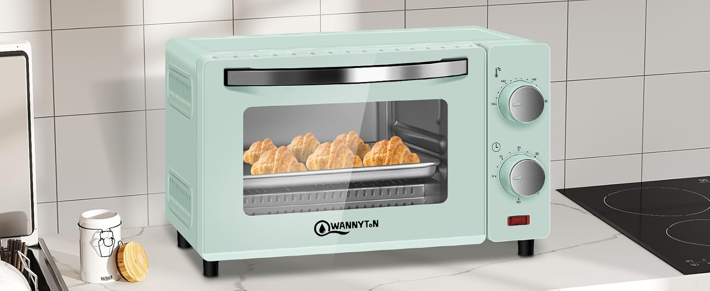 Міні-піч Wannyton 10L: піч для випічки, гриля, піци, тортів та хліба. 650W, 100-230°C, таймер, дека, решітка, насадка для виймання, подвійне скло. Розміри: 36,5x22,1x28,5 см