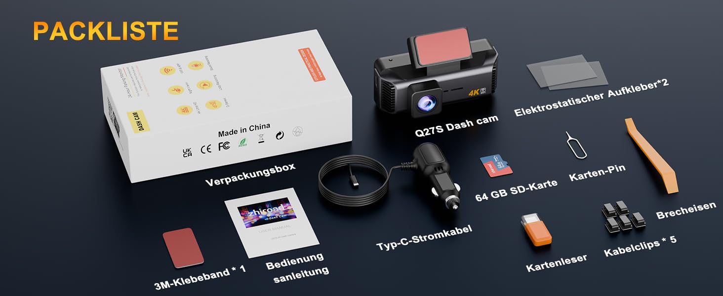 Автомобільний відеореєстратор 4K з 2.99'' екраном, 5G WiFi, SD-картою 64ГБ, нічною зйомкою WDR, кутом 170°, G-сенсором та режимом паркування