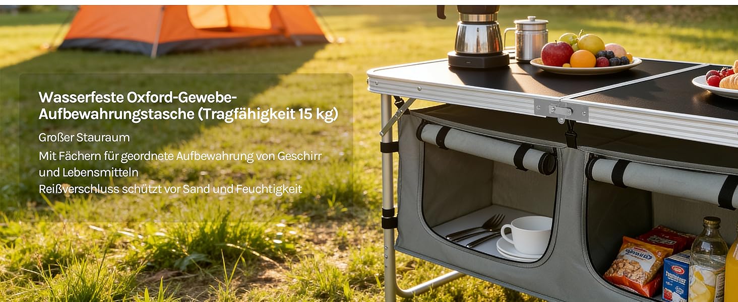 Складний алюмінієвий кемпінговий стіл-шафа WOLTU з регульованою висотою, чорно-сірий. Меблі для пікніка, пляжу, саду.