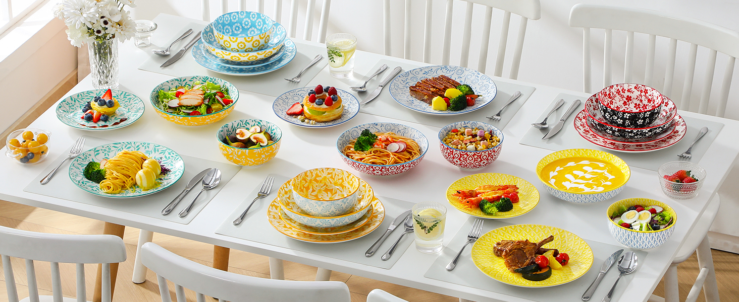 Набір посуду Vancasso Selene на 6 осіб, 24 елементи: тарілки, супові тарілки, миски, десертні тарілки з пастельного порцеляну. Підходить для мікрохвильової печі.