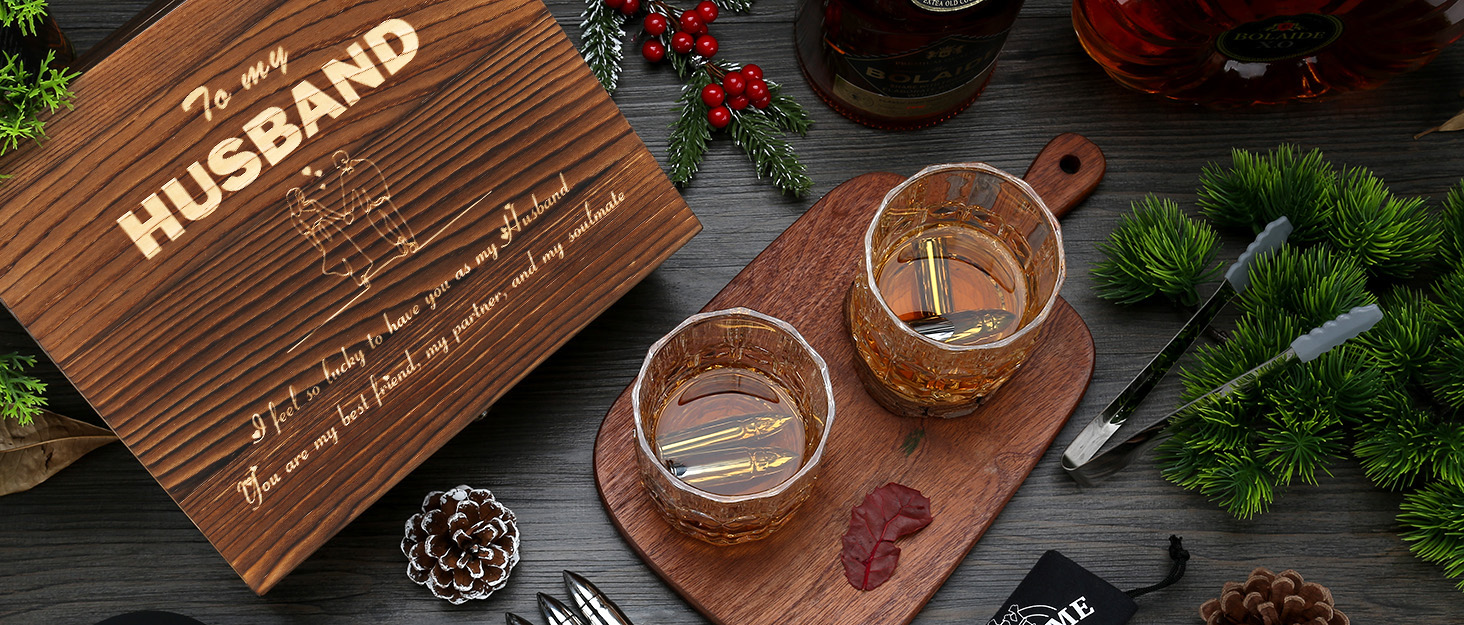 Склянки для віскі з гранітними кубиками льоду, 2 шт., дерев'яна подарункова коробка. Ідеальний подарунок для любителів віскі, чоловіків, на Різдво, День народження, День батька (310 мл). Рельєфні круглі.