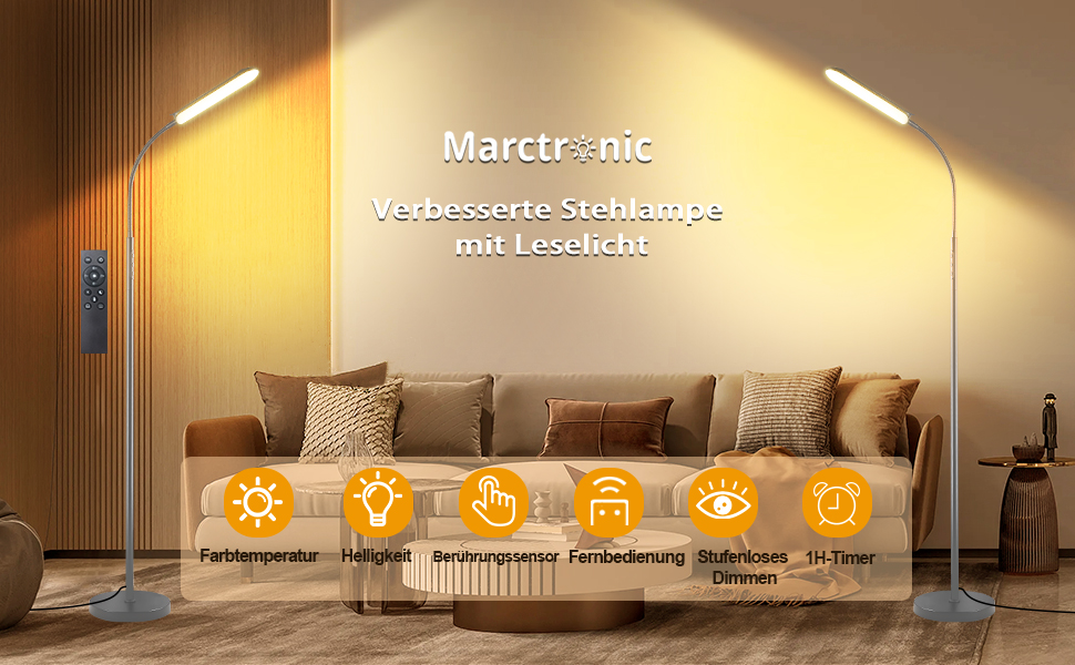 LED-стійка лампа Marctronic для вітальні з регулюванням яскравості, 18W, 1800LM, з пультом та сенсорним керуванням, швидка установка, для офісу, спальні (сіра)