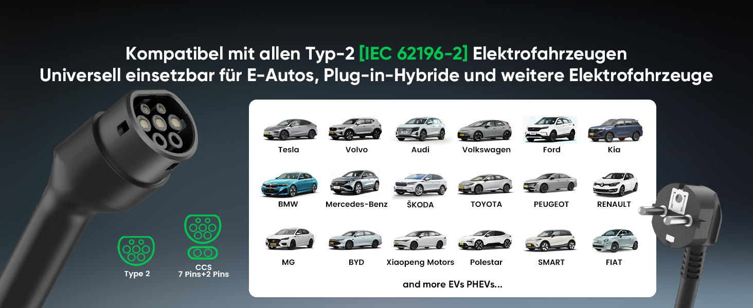 Кабель для електромобіля GONEO Typ 2 Schuko, 10м, 16A, 3.68 кВт - Портативна зарядка з захистом FI, автоматичним заземленням та контролем температури, таймер для електромобіля, сертифікат TÜV