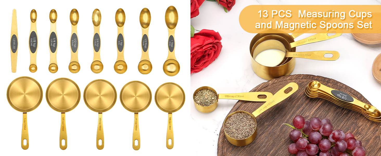 Набір мірних стаканів та ложок Cuteefun Gold, 13 предметів: 5 стаканів, 8 магнітних ложок, нержавіюча сталь для вимірювання сухих та рідких інгредієнтів для випічки та приготування їжі