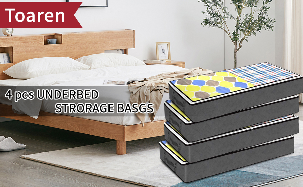 Коробки для зберігання під ліжко з кришкою, 90L, 4 шт., сірі. Органайзери для постільних речей, ковдр, подушок